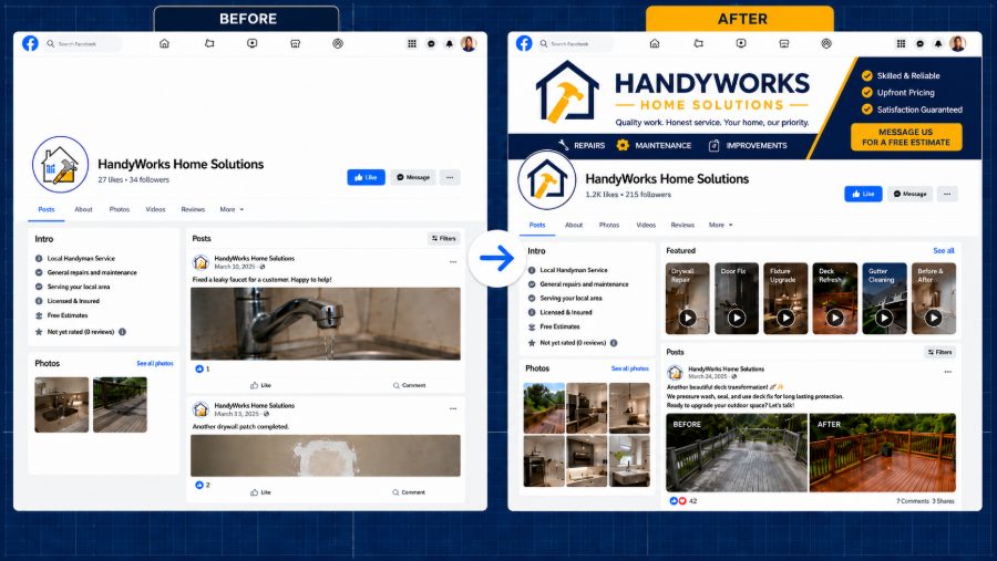 Before and after of a handyman's Facebook page