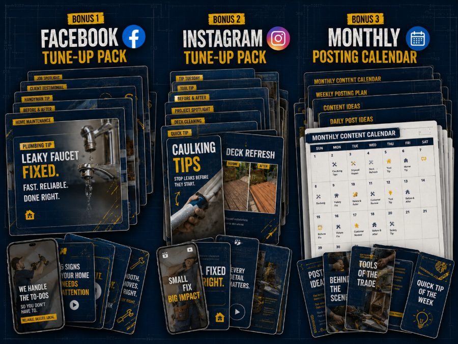 The three bonuses: Facebook Tune-Up Pack, Instagram Tune-Up Pack, Monthly Posting Calendar