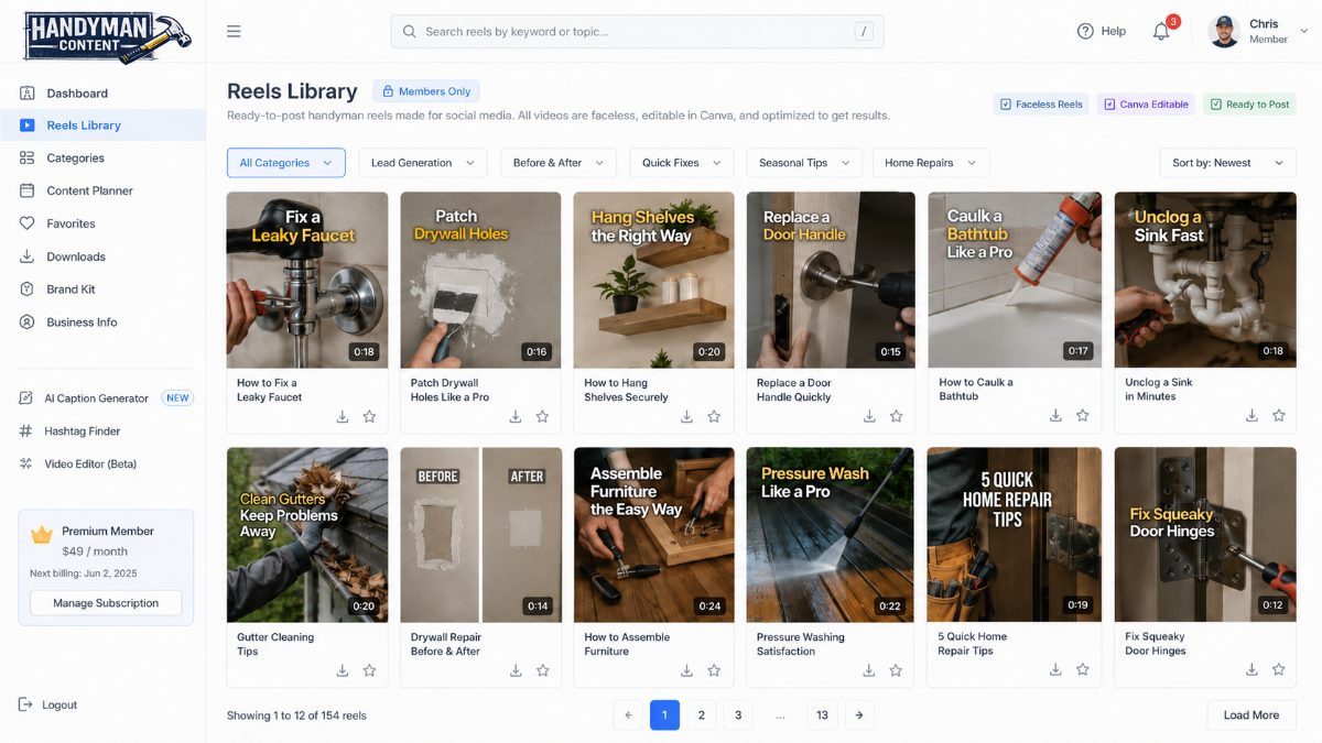Handyman Content member dashboard preview
