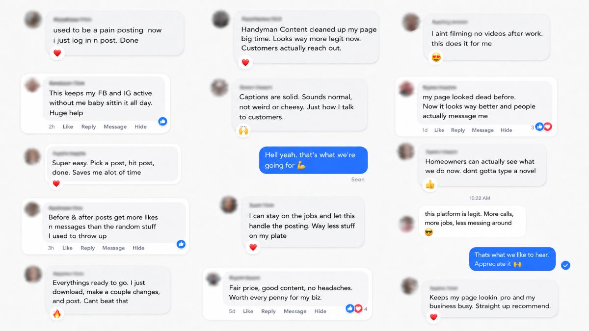 Customer testimonials from handymen using Handyman Content
